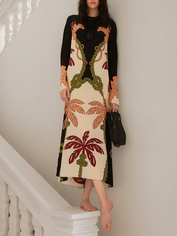 Beaded Elegant Plant Print Silk Women's Dress