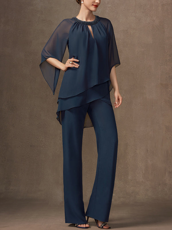 Chiffon Mother Sequin Top Trousers Suit