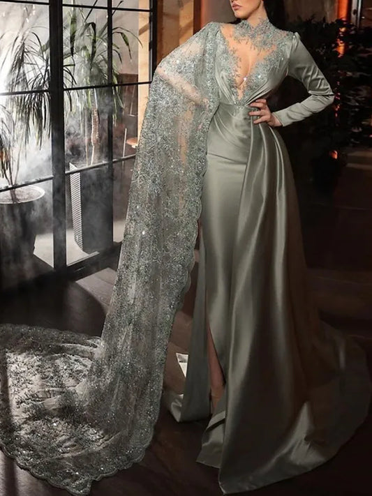 Mermaid High Neck Satin Ruffle Gown