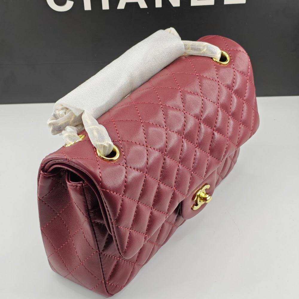 CHANEL CLASSIC 11.12 HANDBAG GOLD TONE METAL BURGUNDY 25CM A01112 Y04059 NZV44