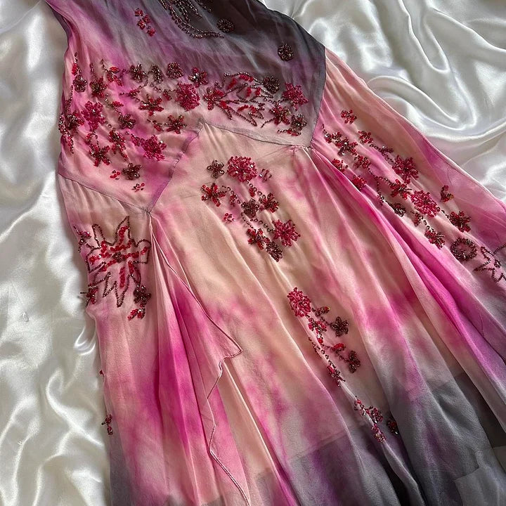 Pink Gradient Gorgeous Lightweight Exquisite Beaded Spaghetti Strap Long Chiffon Ball Gown Evening Gown Party Dress gh3339