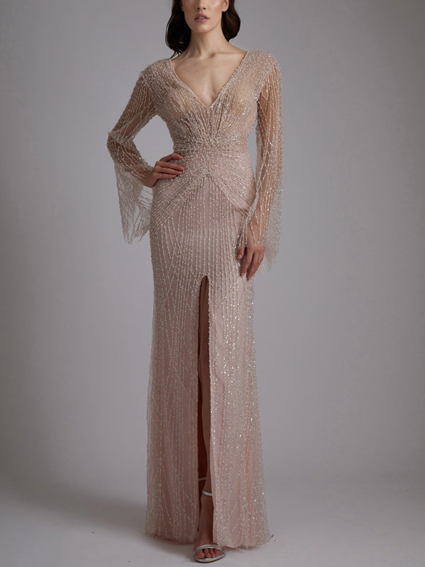 V-neck Long Sleeves Sequin Solid Color Maxi Dress