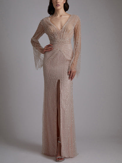 V-neck Long Sleeves Sequin Solid Color Maxi Dress