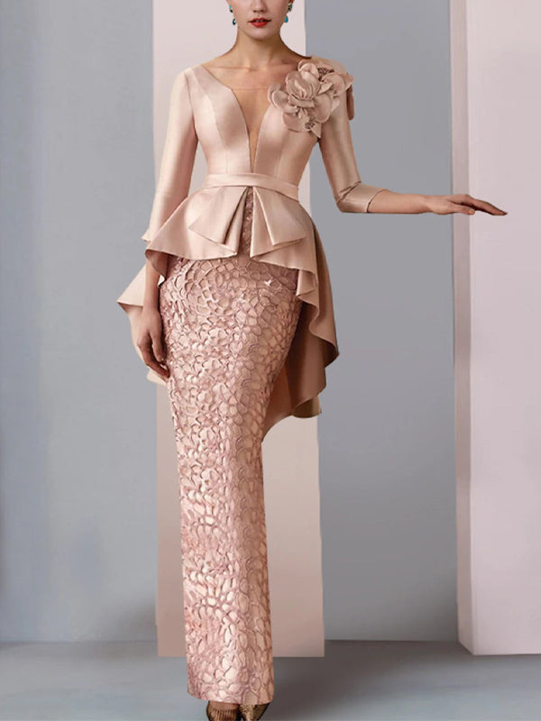 Round Neck Lace Solid Color Three-dimensional Flowers Maxi Dress