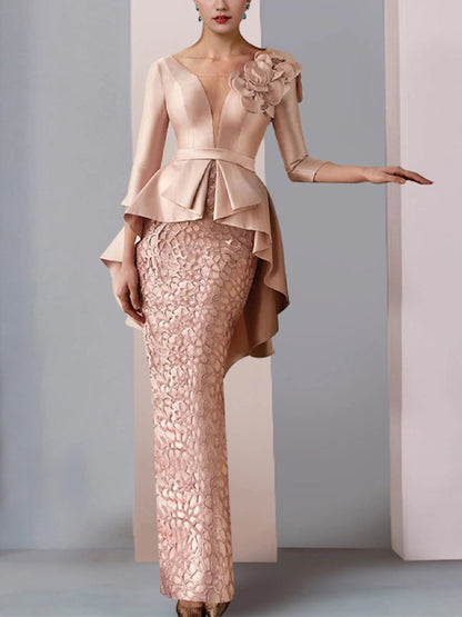 Round Neck Lace Solid Color Three-dimensional Flowers Maxi Dress