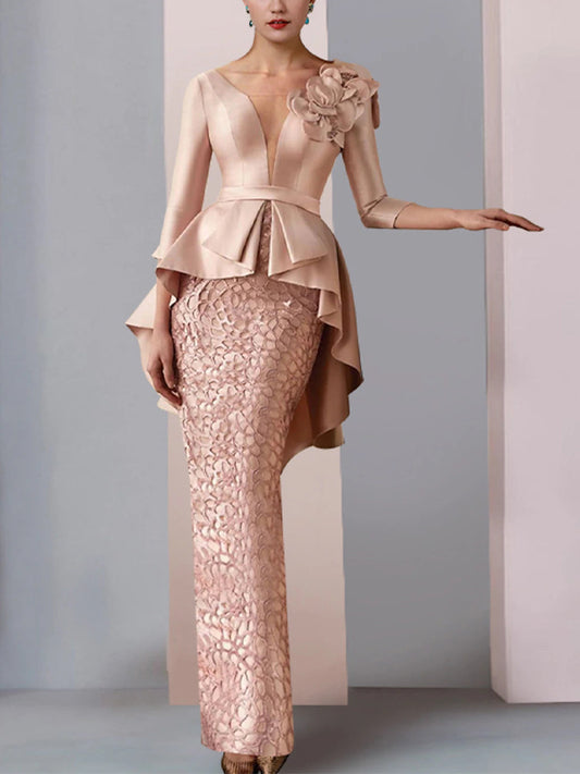 Round Neck Lace Solid Color Three-dimensional Flowers Maxi Dress