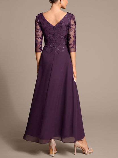 V-neck Chiffon Lace Solid Color Midi Dress