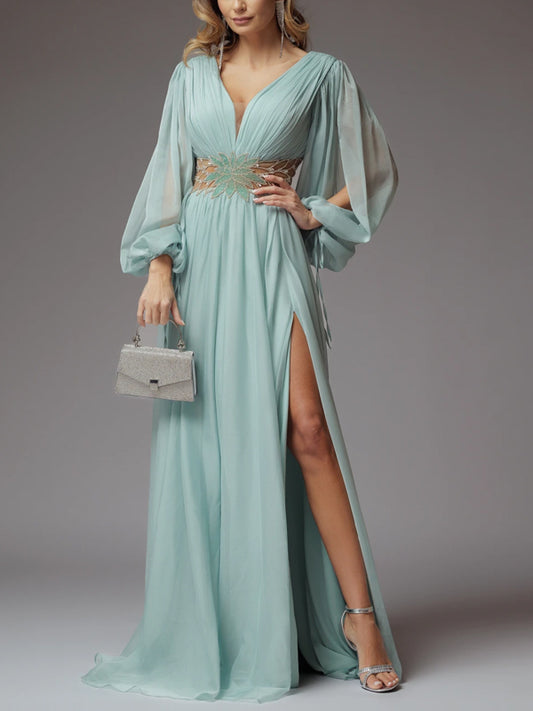 V-neck Solid Color Long Sleeves Maxi Dress