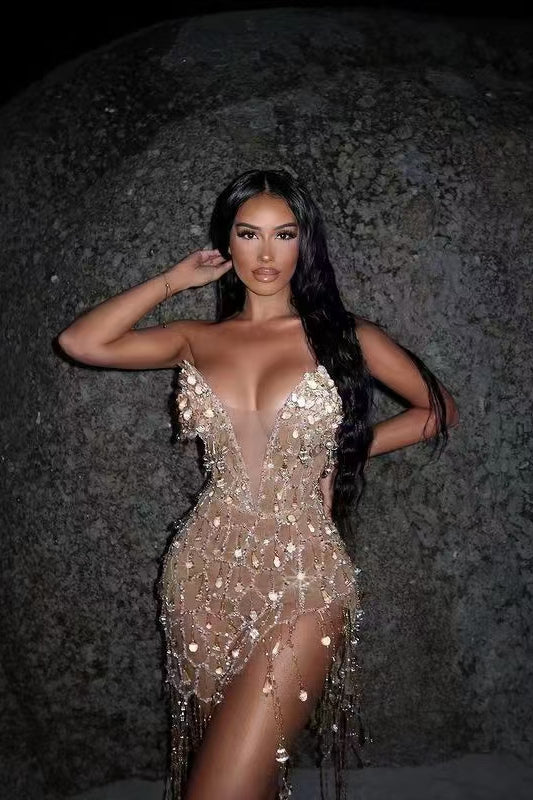 loveedsTM-Strapless rhinestone fringe dress-vx