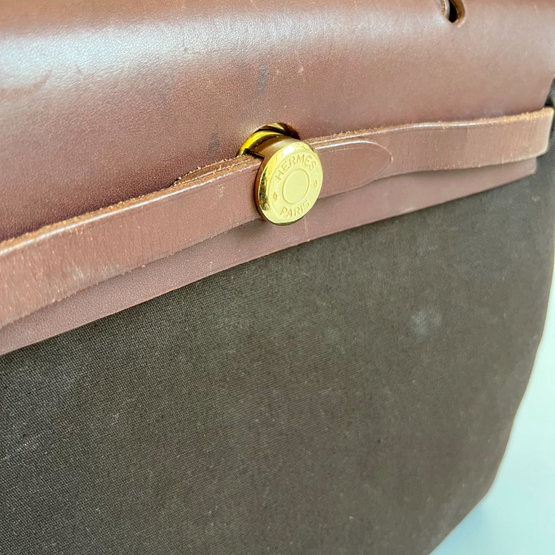 Hermes Chocolate Brown/Beige Toile and Leather Herbag 31 Bag