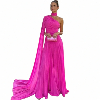 Elegant Long Chiffon Hot Pink Evening Dresses With Cape A-Line One Shoulder Prom Dress P1887