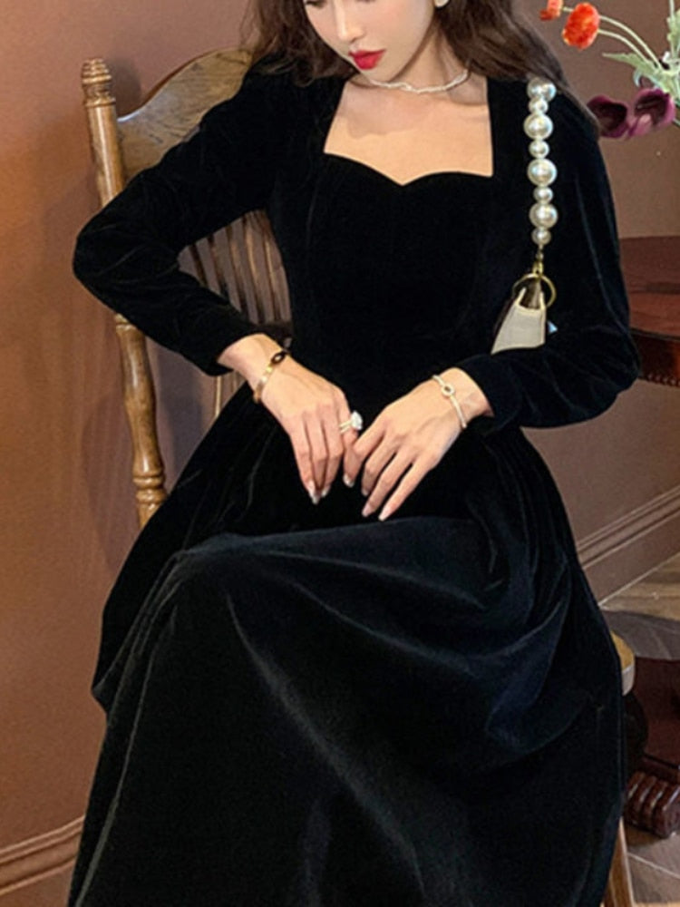 loveedsTM- France Vintage Dress Women Autumn Winter Solid Retro Elegant Evening Party Midi Dress Long Slevee Korean Style Dress Fairy