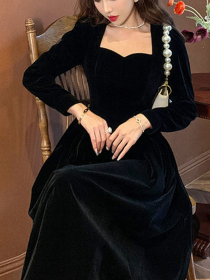 loveedsTM- France Vintage Dress Women Autumn Winter Solid Retro Elegant Evening Party Midi Dress Long Slevee Korean Style Dress Fairy