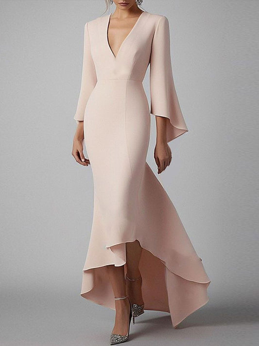 Light Pink V-neck Long Sleeves Midi Dress