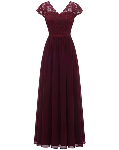 loveedsTM- Women&#39;s Elegant Vintage V Neck 3/4 Sleeve Floral Lace Chiffon Wedding Bridesmaid Maxi Dress Long Formal Dresses