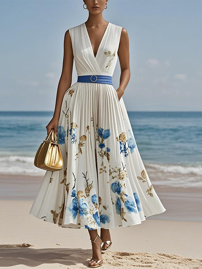 White V-neck Print Maxi Dress