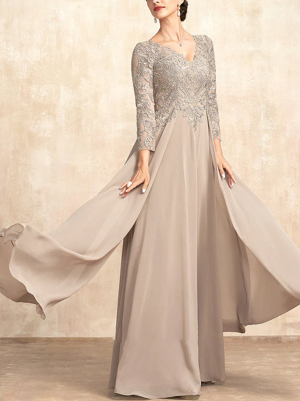 V-Neck Lace Long-Sleeved Solid Color Maxi Dress