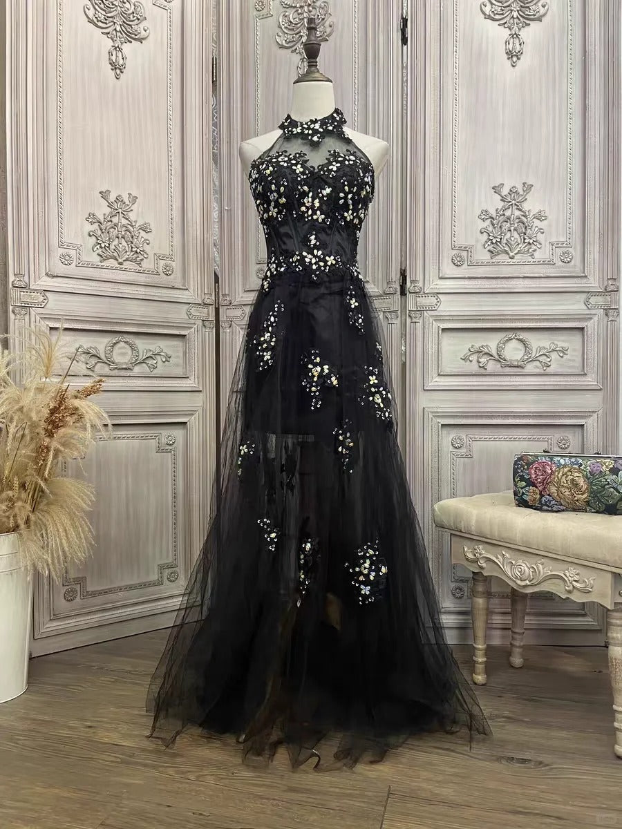 Black floral rhinestone long tulle prom evening gown party dress gh4984