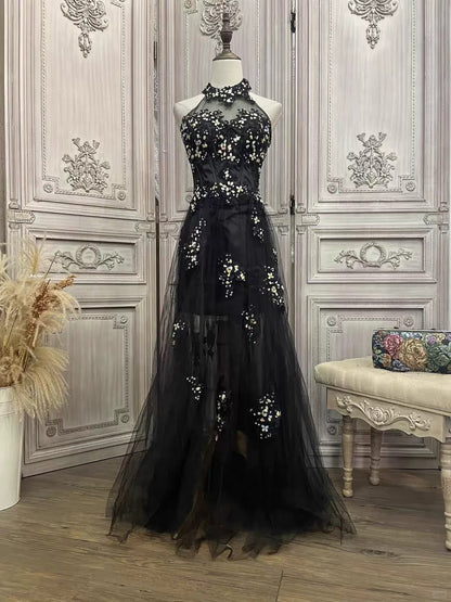 Black floral rhinestone long tulle prom evening gown party dress gh4984