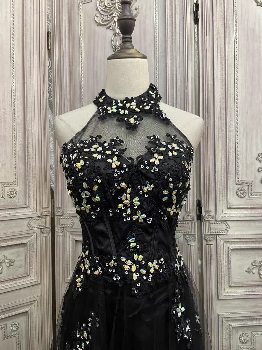 Black floral rhinestone long tulle prom evening gown party dress gh4984