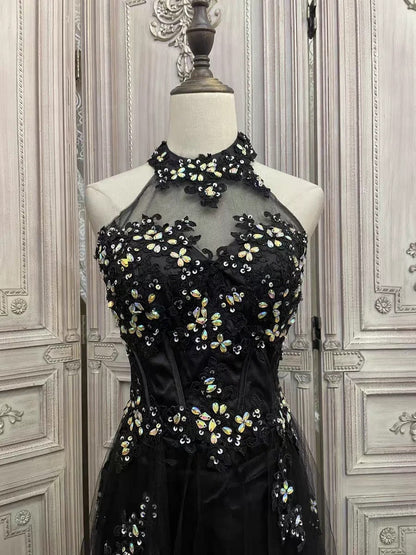 Black floral rhinestone long tulle prom evening gown party dress gh4984