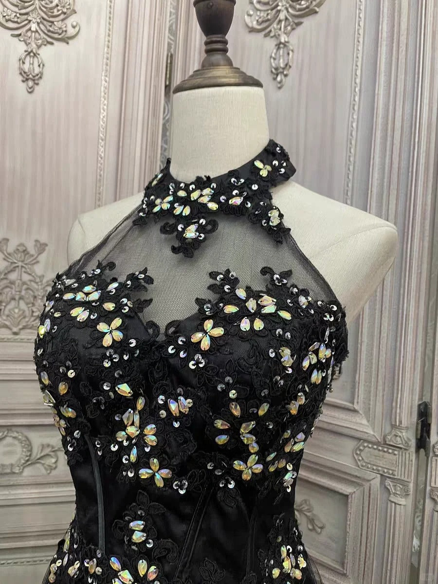 Black floral rhinestone long tulle prom evening gown party dress gh4984