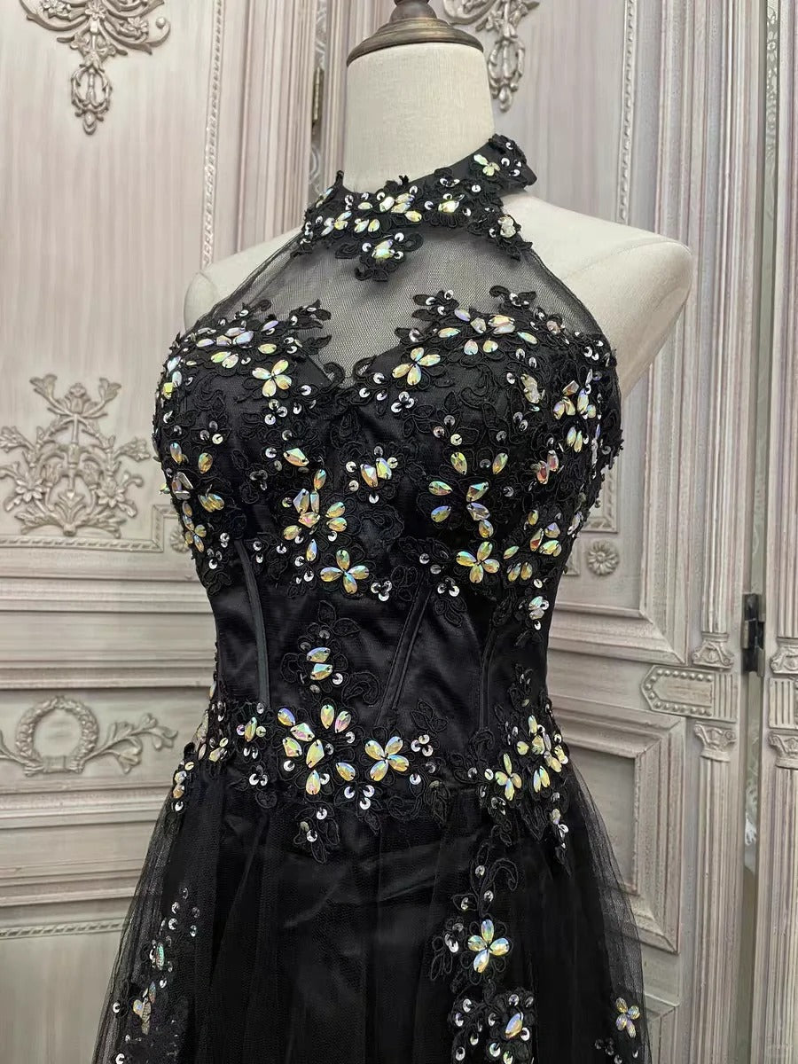 Black floral rhinestone long tulle prom evening gown party dress gh4984