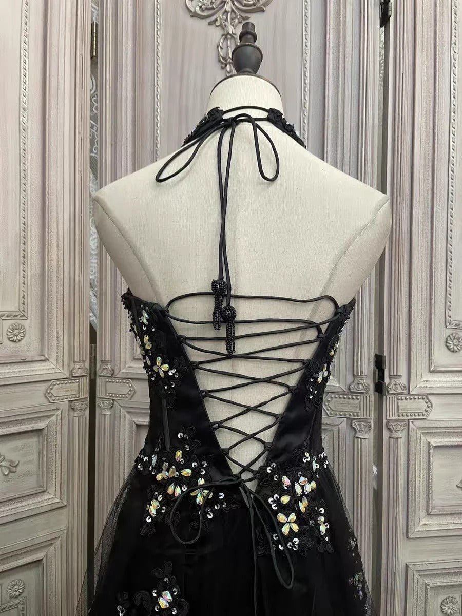 Black floral rhinestone long tulle prom evening gown party dress gh4984