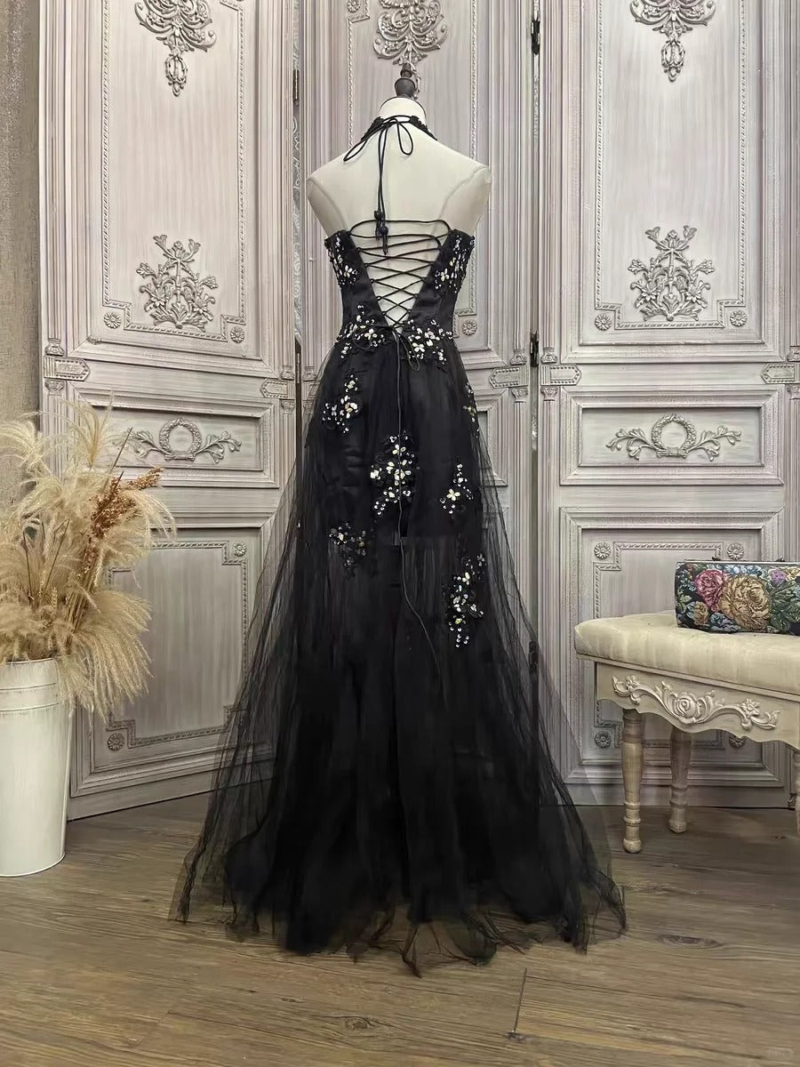 Black floral rhinestone long tulle prom evening gown party dress gh4984