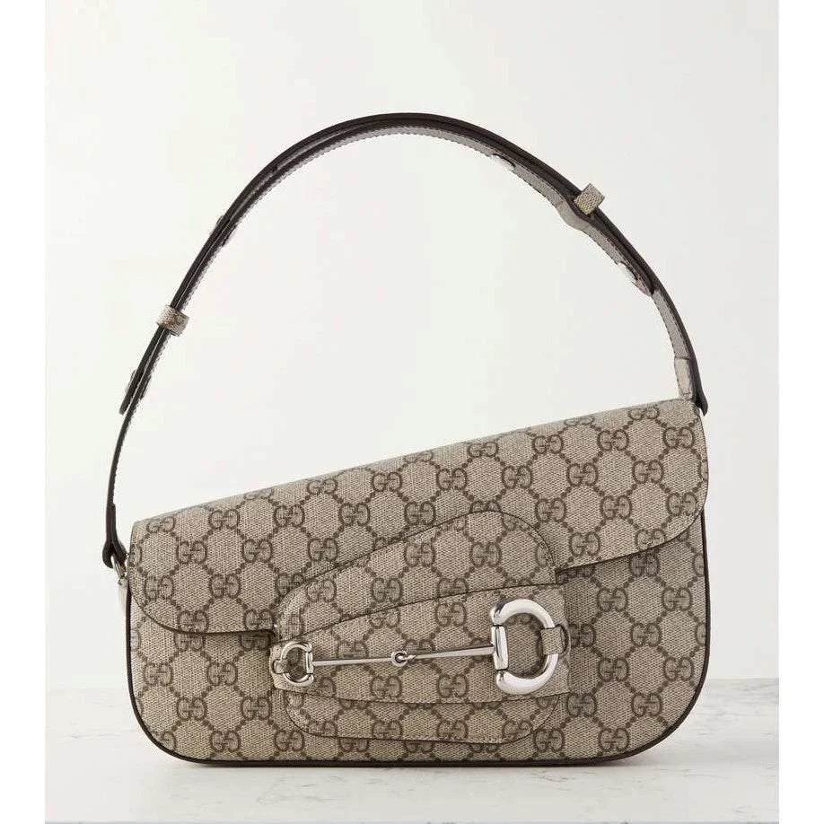 GUCCI Horsebit 1955 leather-trimmed printed coated-canvas shoulder bag
