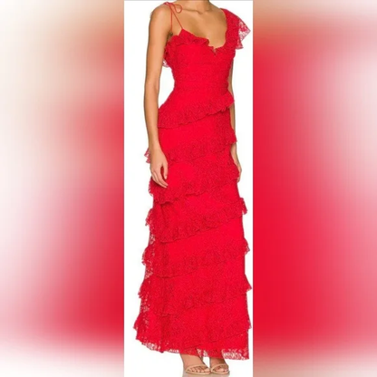 Sexy Sheath Lace Red Prom Dress Ruffles Party Dresses P1609
