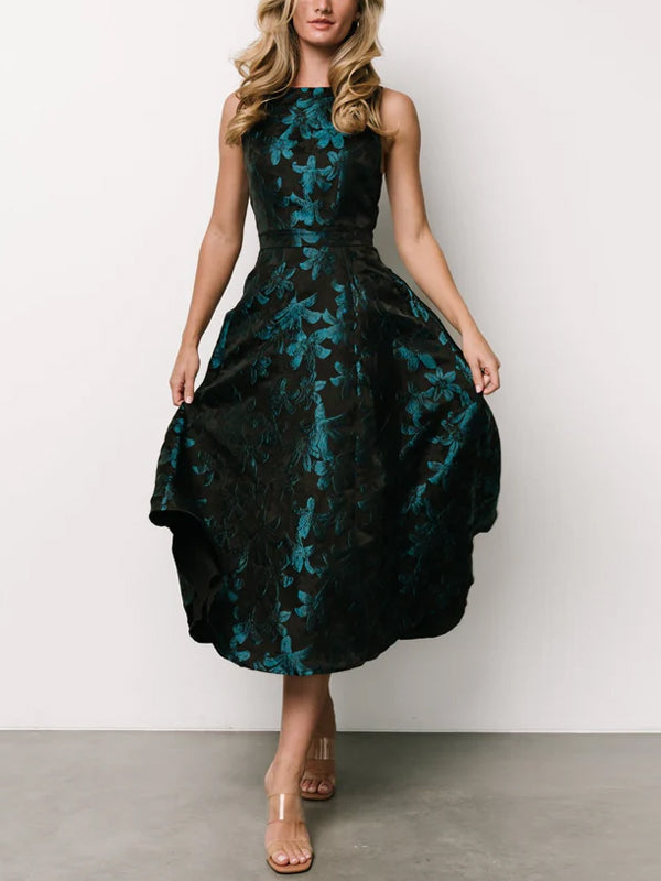 Crew Neck Sleeveless Printed Midi Dress