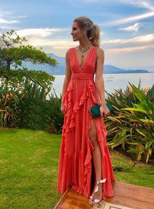 Orange fashion V-neck A-line tiered long elegant chiffon ruffle side slit Prom Dress evening dress wedding guest party dress gh2789