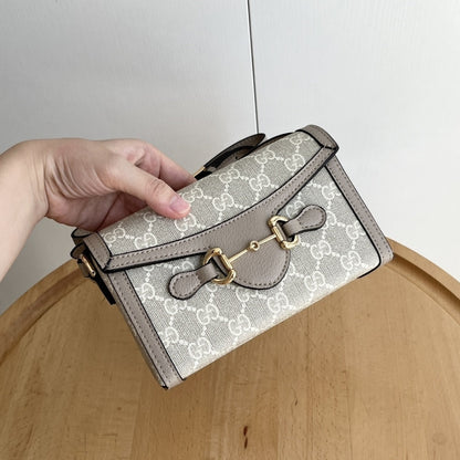 GUCCI HORSEBIT 1955 MINI BAG ‎BEIGE AND WHITE GG SUPREME 18CM ‎‎699296 UULBG 9683