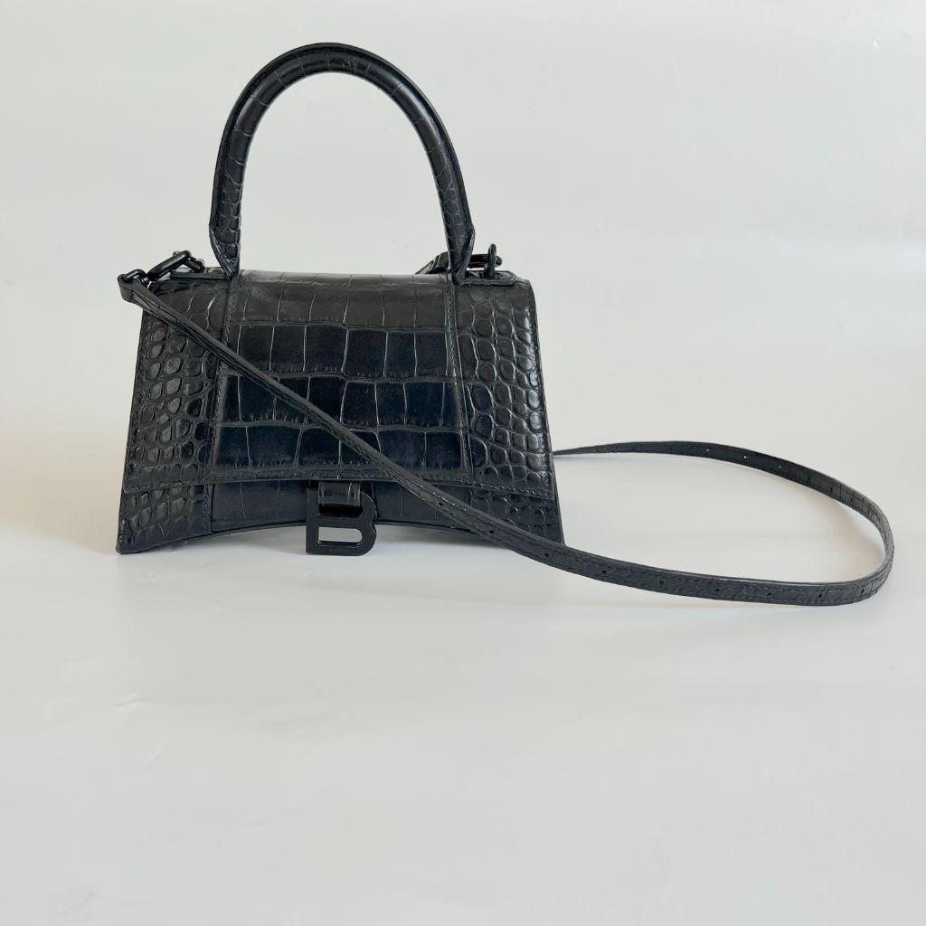 Balenciaga black croc embossed small hourglass bag
