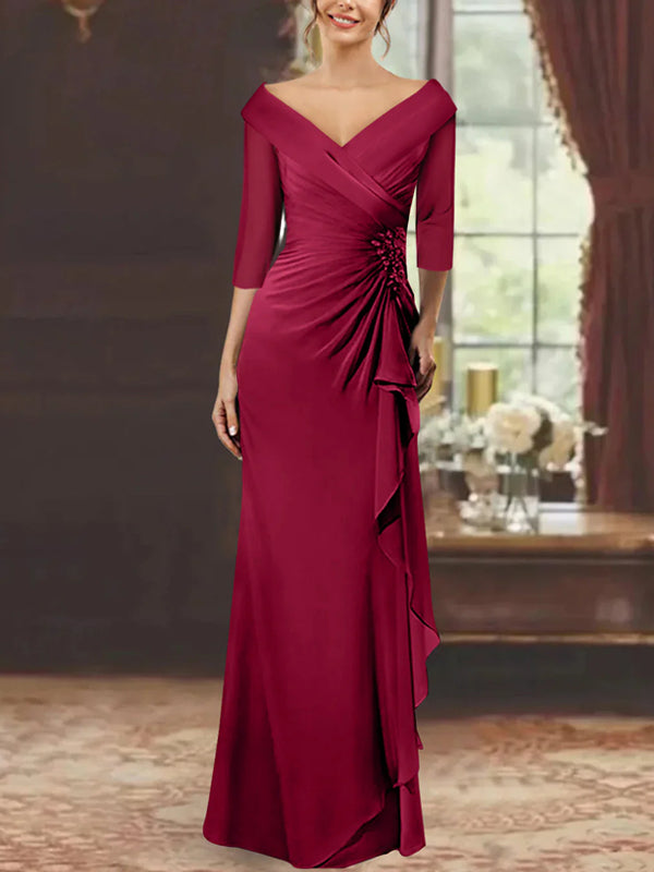 Sheath/Column V-Neck Half Sleeves Floor-Length Mother of the Bride Dresses with Ruffles & Appliques