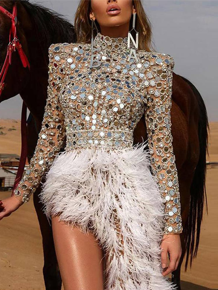 loveedsTM- Fashion Sequined See-through Feather Irregular Hem Evening Dress