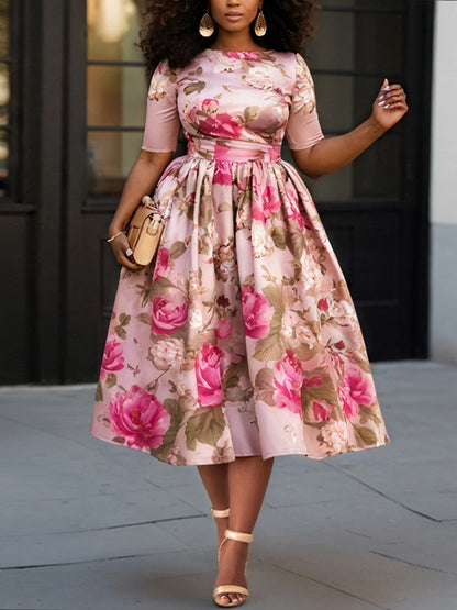 Floral V Neck Lantern Sleeve 3/4 Sleeve See Through Pocket Chiffon Maxi Dresses