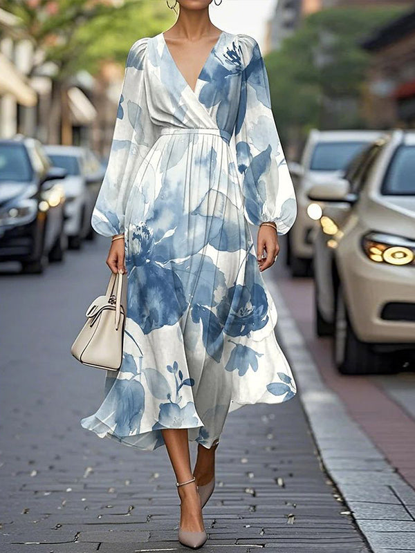 White V-neck Long Sleeves With Print Midi Dress