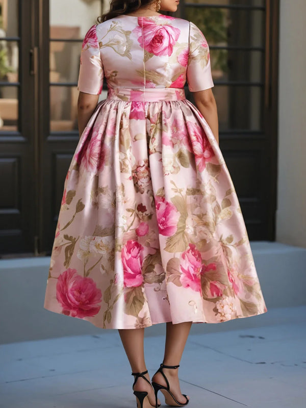 Floral V Neck Lantern Sleeve 3/4 Sleeve See Through Pocket Chiffon Maxi Dresses