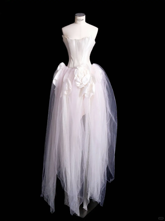 Classy White Satin Pink Tulle Strapless Birthday Dress Wedding Party Dress S479