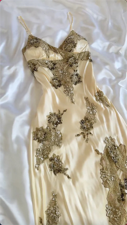 Champagne color gorgeous fashion exquisite beaded lace spaghetti strap long satin ball gown evening dress party dress gh3511