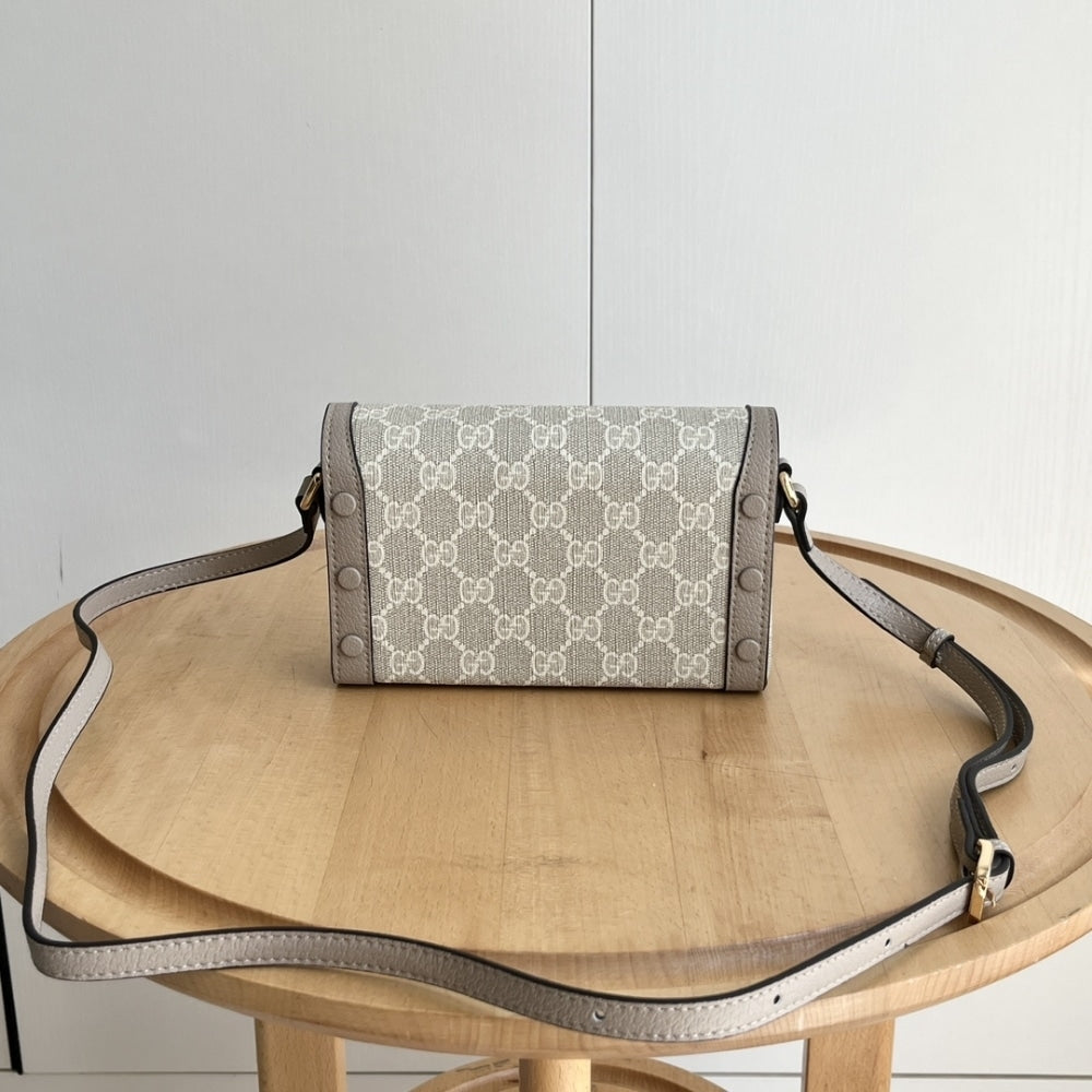 GUCCI HORSEBIT 1955 MINI BAG ‎BEIGE AND WHITE GG SUPREME 18CM ‎‎699296 UULBG 9683