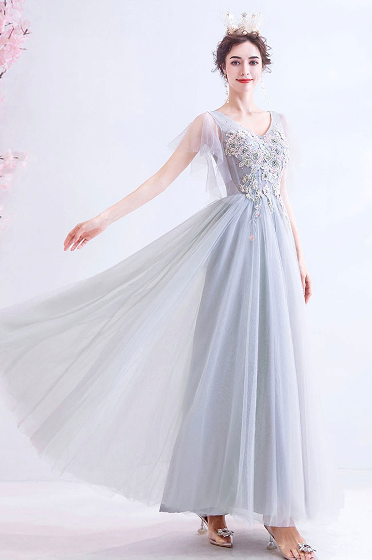 Gray V-Neck Lace Long Formal Dress, A-Line Gray Evening Party Dress