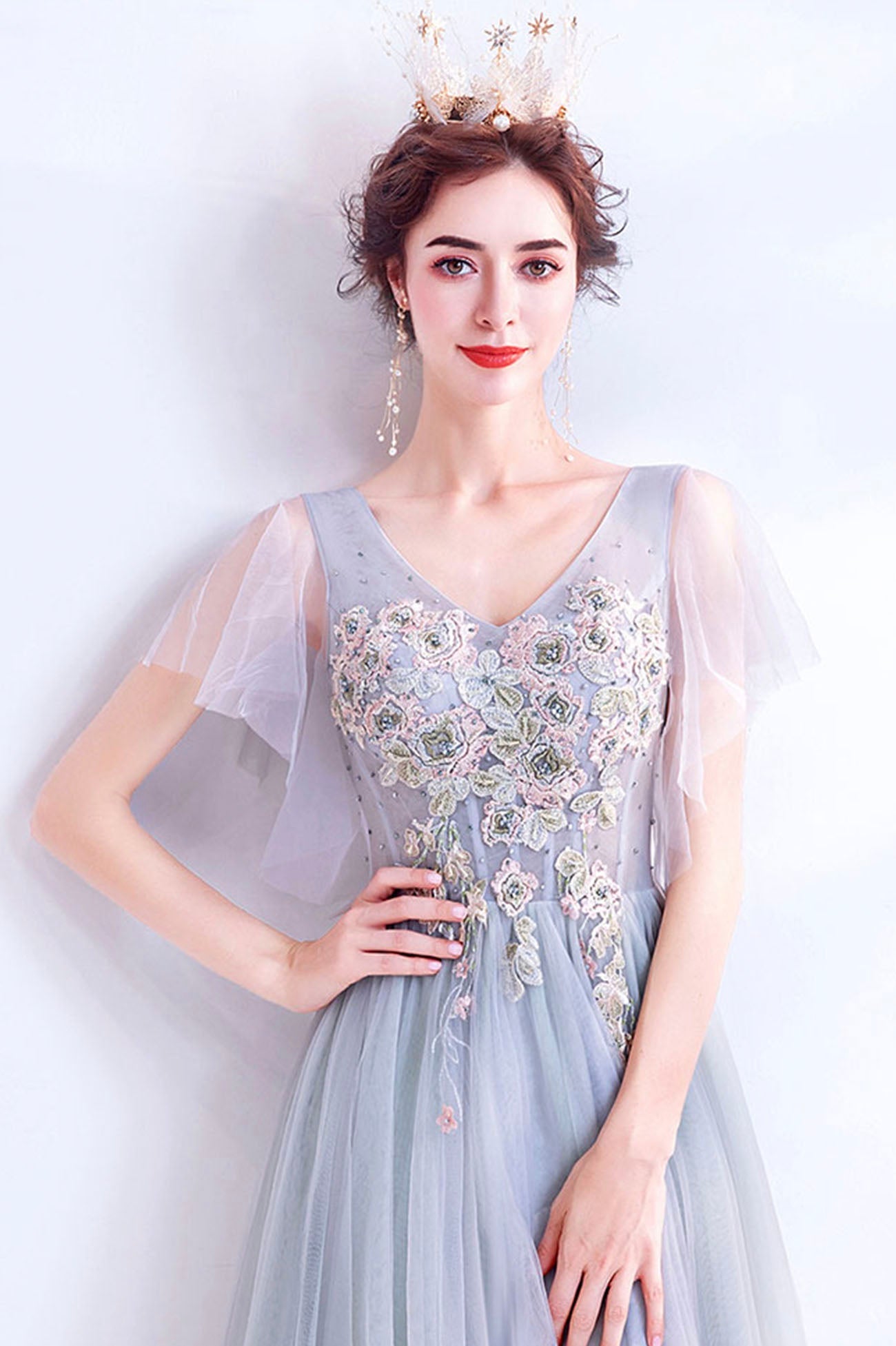 Gray V-Neck Lace Long Formal Dress, A-Line Gray Evening Party Dress