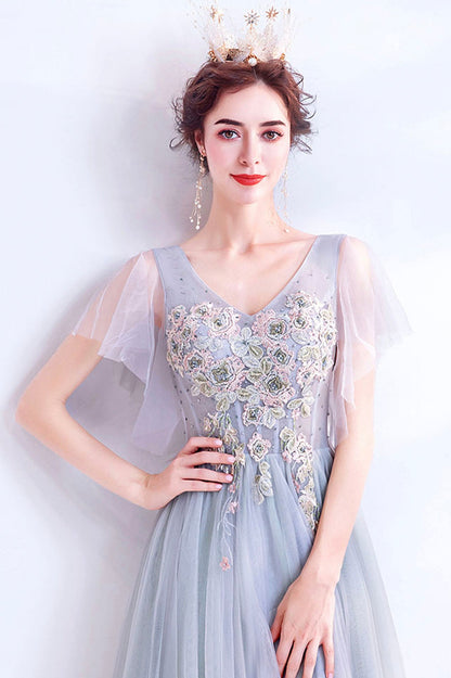 Gray V-Neck Lace Long Formal Dress, A-Line Gray Evening Party Dress