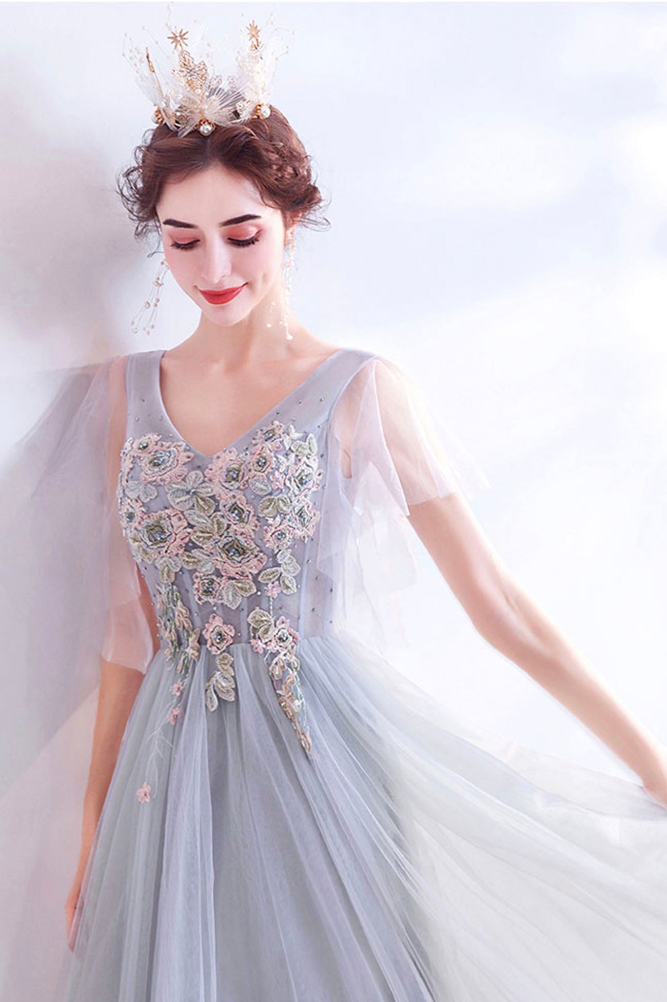 Gray V-Neck Lace Long Formal Dress, A-Line Gray Evening Party Dress