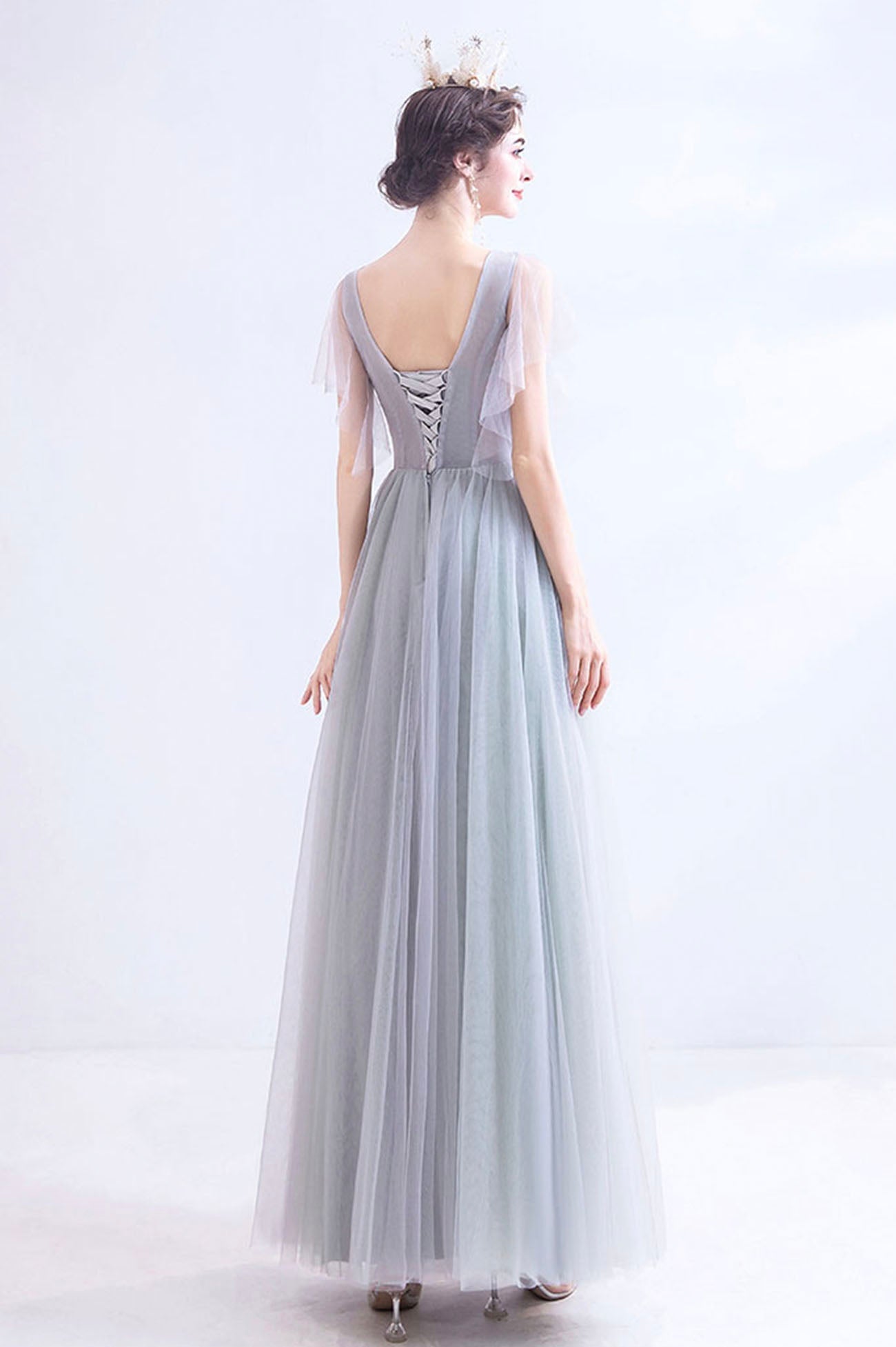 Gray V-Neck Lace Long Formal Dress, A-Line Gray Evening Party Dress