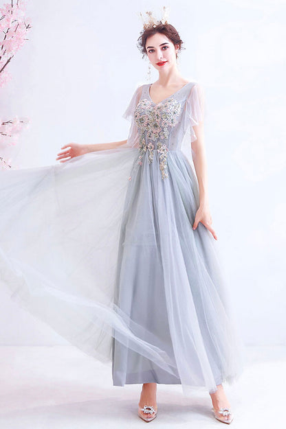 Gray V-Neck Lace Long Formal Dress, A-Line Gray Evening Party Dress