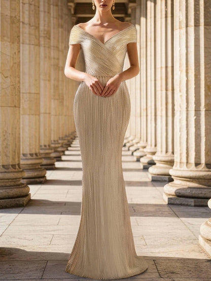 Prom Party Gold Gown V-Neck Off-Shoulder Maxi Dress